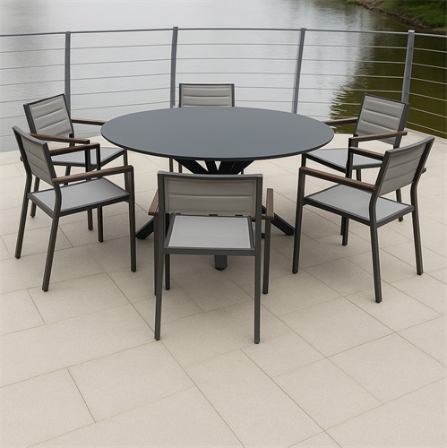 שולחן עגול קוטר 140 אלומיניום לגינה ולמרפסת + 6 כסאות דגם פרובנס צבע אפור**מבצע אחרונים מעודפים!**