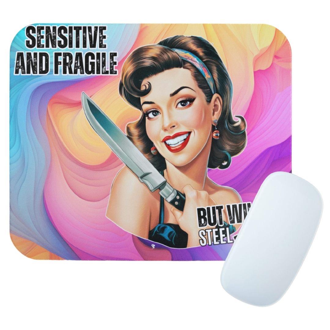 משטח לעכבר עם איור אישה אוחזת סכין על רקע צבעוני – אקססוריז למשרד בסטייל רטרו למי שאוהבים הומור ועוצמה. משטח לעכבר עם איור אישה אוחזת סכין על רקע צבעוני – אקססוריז למשרד בסטייל רטרו למי שאוהבים הומור ועוצמה.