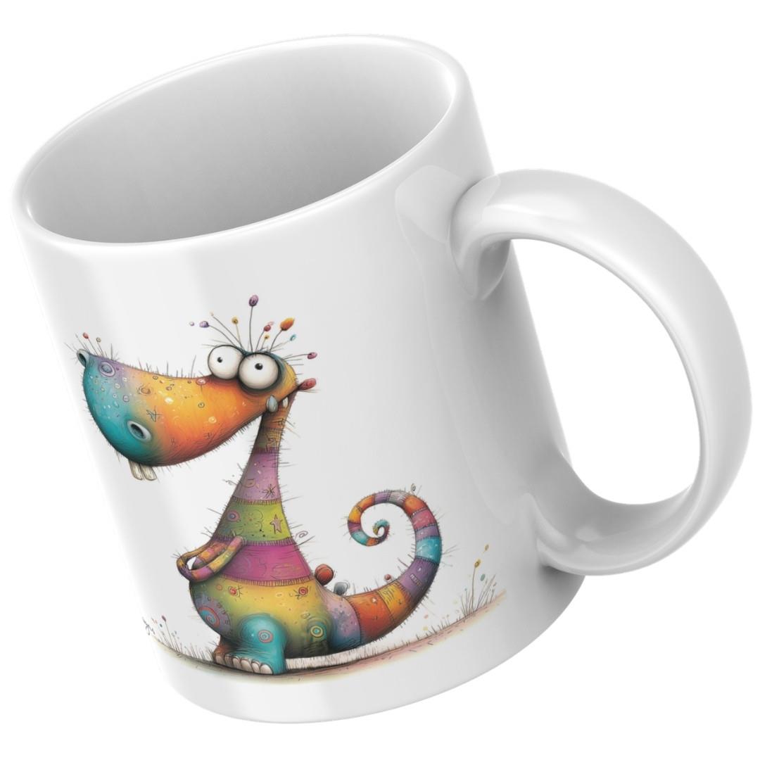 ספל קרמיקה עם דינוזאור צבעוני ומשפט השראה באנגלית