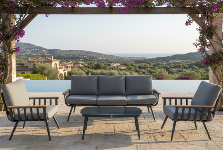 מערכת ישיבה אלומיניום לגינה ולמרפסת דגם פלרמו תלת מושבי צבע פחם