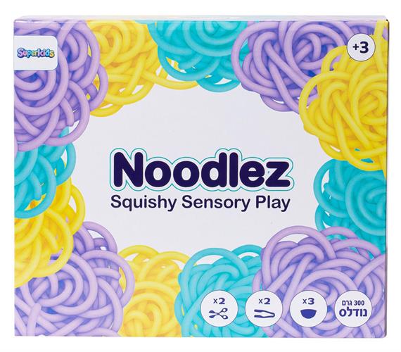 משחק סנסורי נודלס – מארז 300 גרם – 3 צבעים + כלים וקעריות מיון