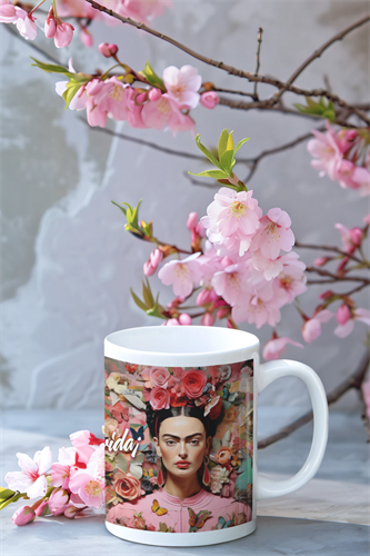 ספל מעוצב בהשראת פרידה קאלו עם פרחים ופרפרים, מתנה אישית ומרגשת לנשים שאוהבות אמנות