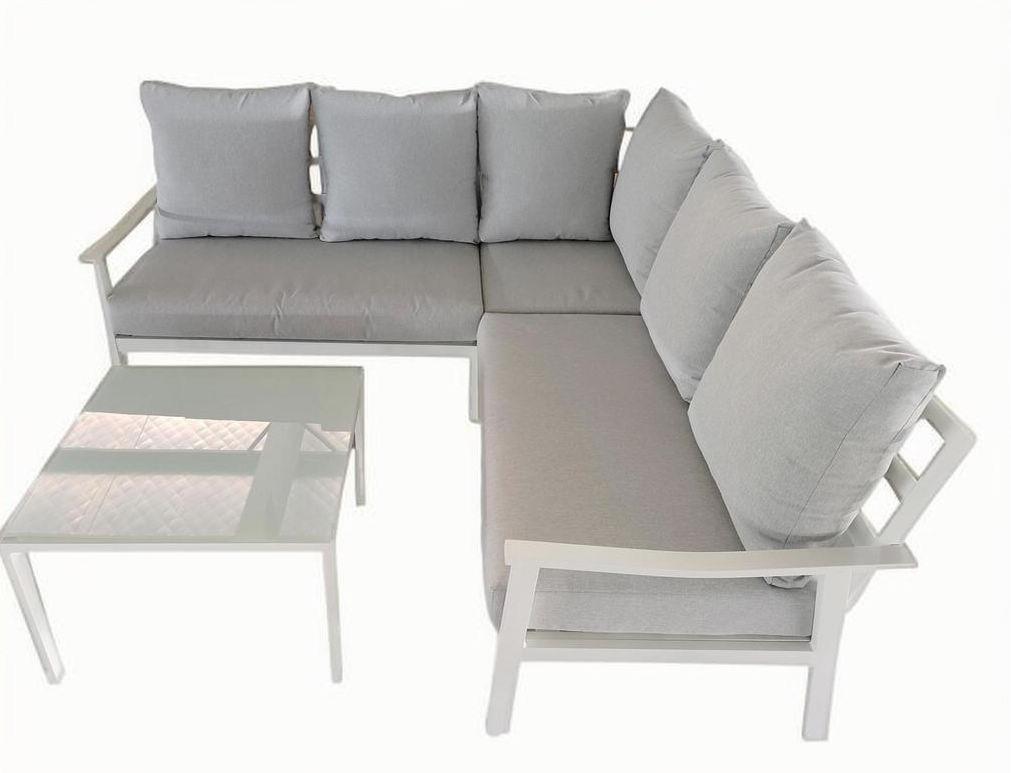 מערכת ישיבה לגינה ולמרפסת אלומיניום פינתי דגם פילדלפיה צבע לבן מערכת ישיבה לגינה ולמרפסת אלומיניום פינתי דגם פילדלפיה צבע לבן