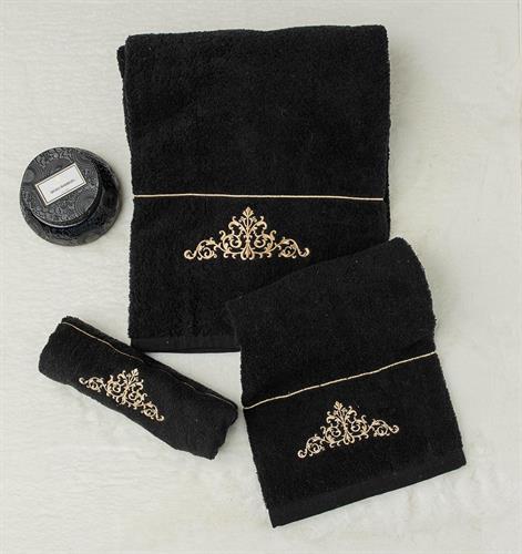 מגבת ידיים רקומה יוקרתית 100% כותנה דגם - הלנה Crown שחור זהב