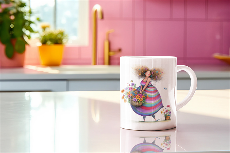 ספל השראה בעיצוב אישי על שיש מטבח מואר, מתנה מרגשת לאישה שחולמת בגדול.