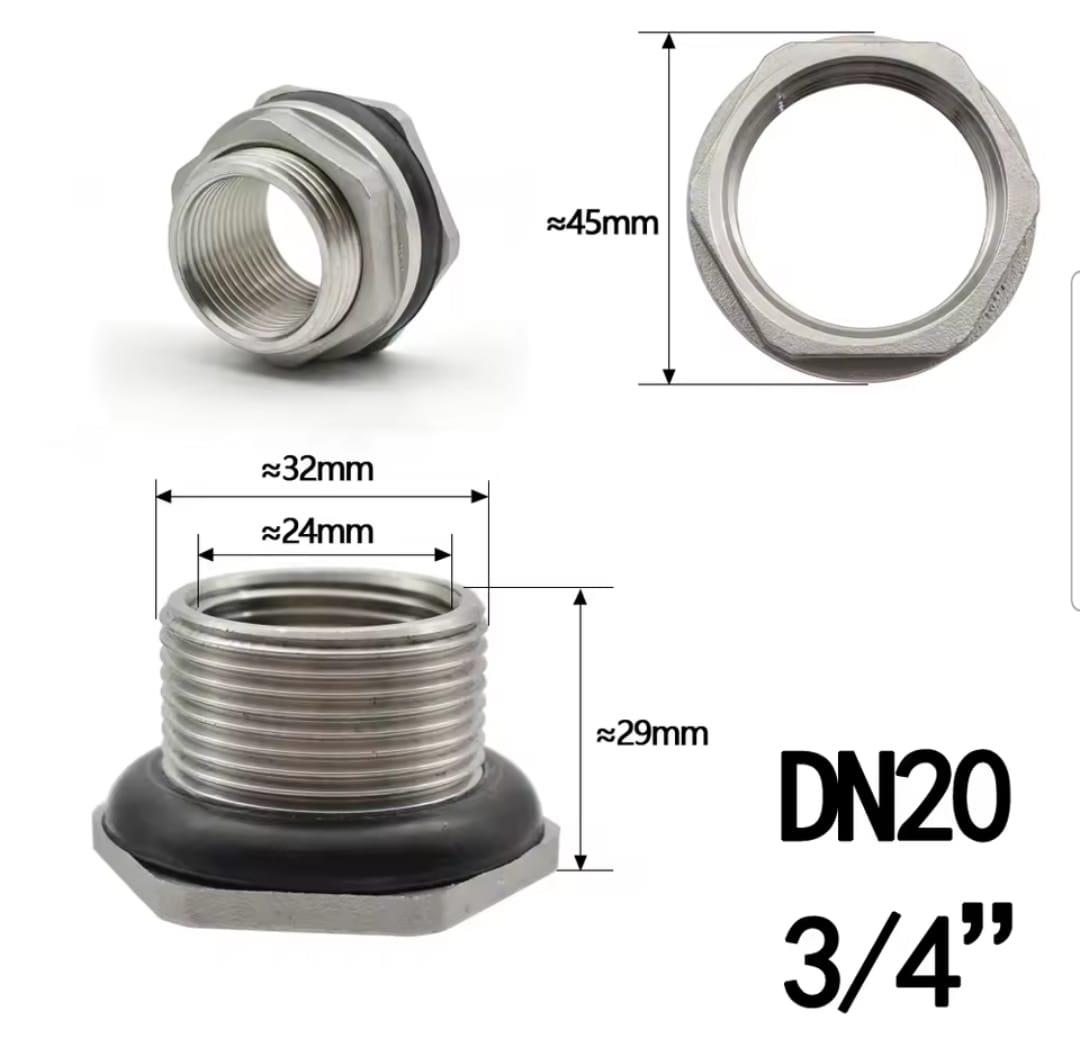 מופה מעבר קיר נירוסטה הברגה פנימית 4\3 26 ממ הברגה חיצונית 1 צול 32 ממ  עם אטם קמפינג לייף