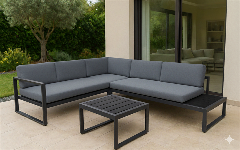 מערכת ישיבה לגינה ולמרפסת אלומיניום פינתי דגם ליאון צבע שחור