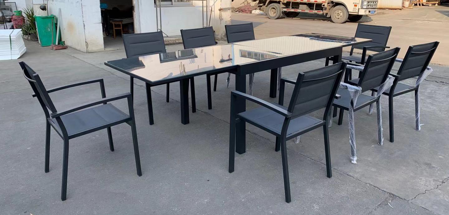 שולחן לגינה ולמרפסת נפתח אלומיניום טופ זכוכית 200-3.20 + 8 כסאות צבע אפור