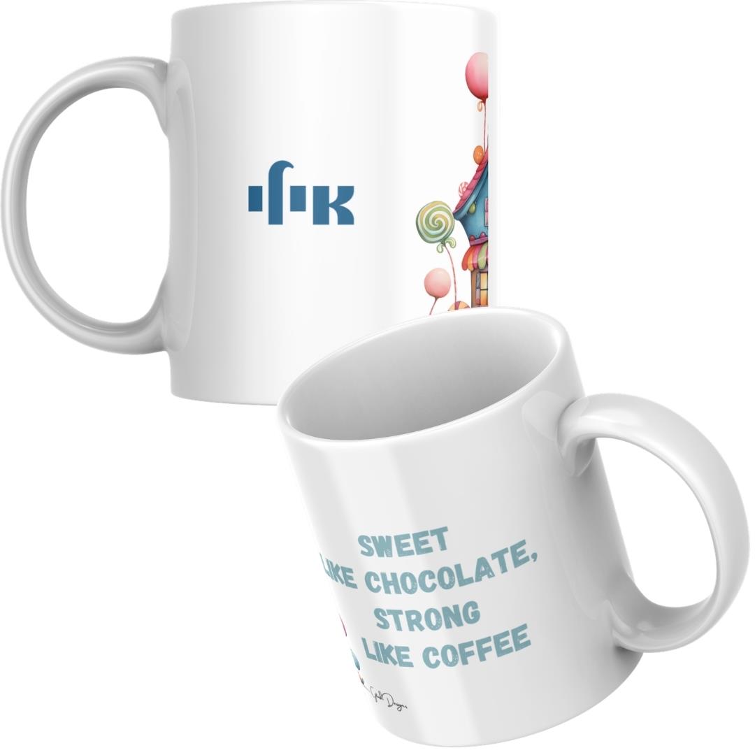 תקריב כיתוב Sweet like chocolate strong like coffee על ספל, מתנה מקורית עם אמירה, גיתוש.
