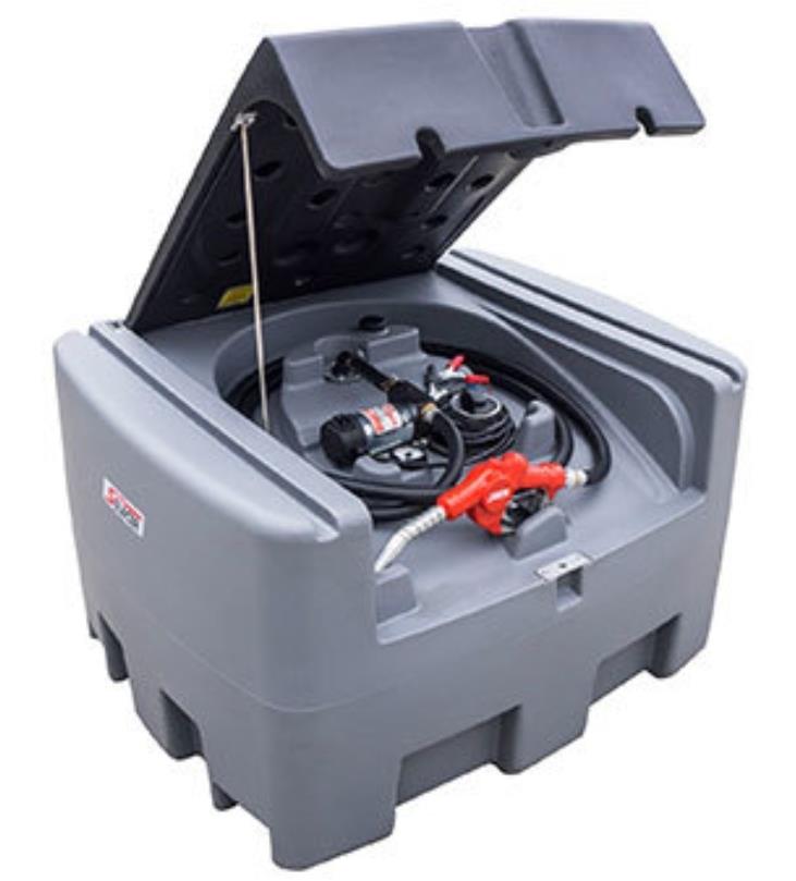 מיכל טנק סולר 400 ליטר קובייה לאספקת סולר לשטח עם משאבה 40 ליטר לדקה 12 וולט מובנית ואקדח מילוי