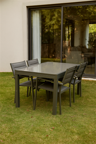 שולחן לגינה ולמרפסת נפתח אלומיניום טופ זכוכית 1.40-2.80 + 4 כסאות צבע שמפניה שולחן לגינה ולמרפסת נפתח אלומיניום טופ זכוכית 1.40-2.80 + 4 כסאות צבע שמפניה