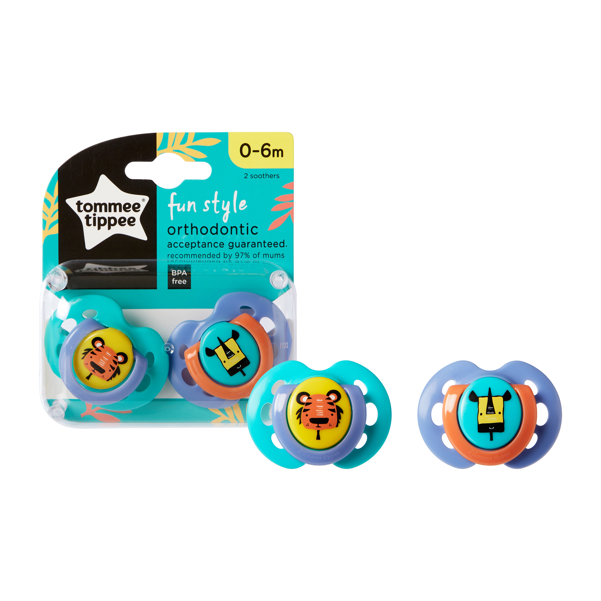 זוג מוצצים צבעוניים עם איורי חיות 0-6 חודשים