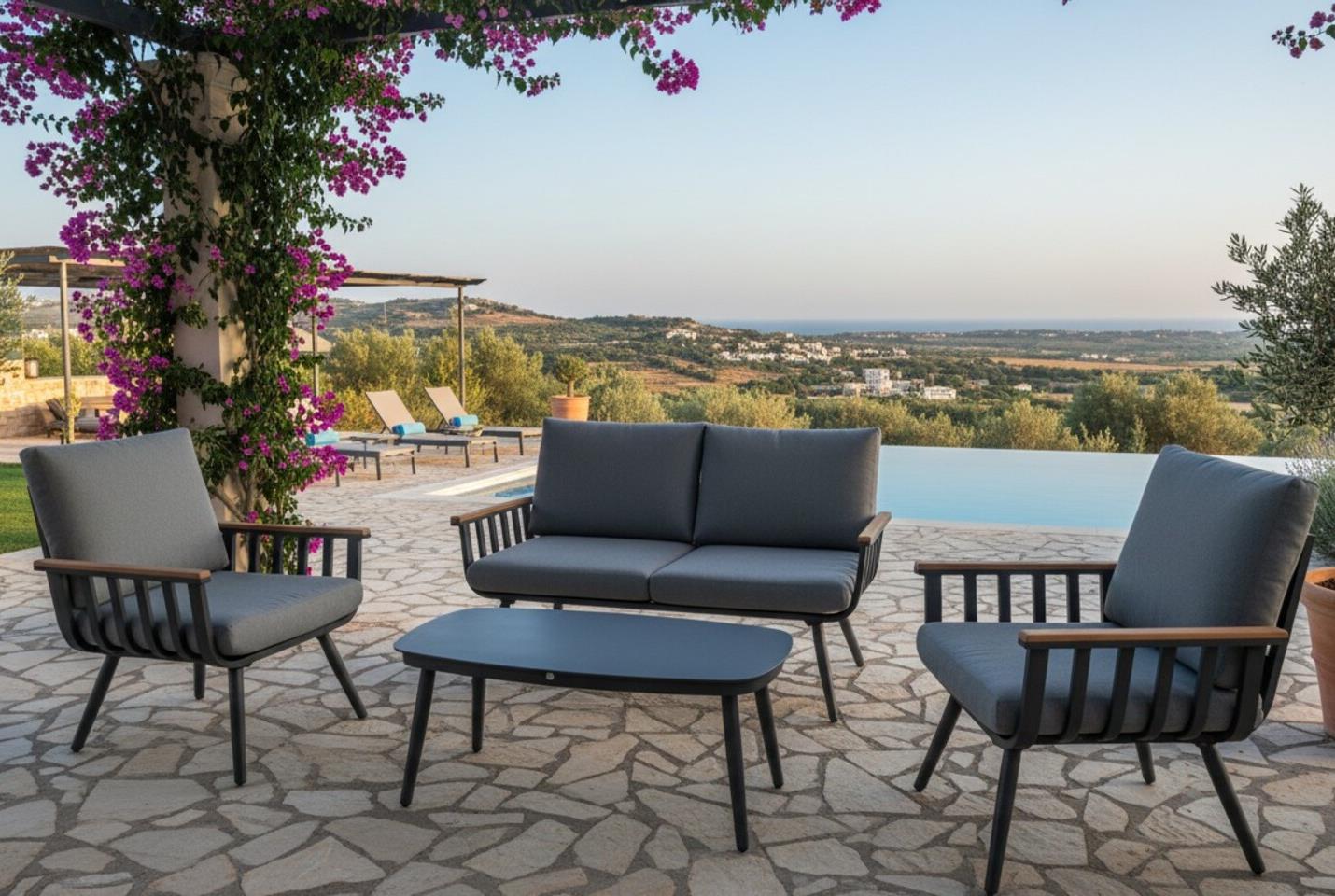 מערכת ישיבה אלומיניום לגינה ולמרפסת דגם פלרמו דו מושבי צבע פחם