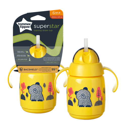 בקבוק אימון צהוב 300 מ"ל לפעוטות 6m+ עם קש חסין דליפות Tommee Tippee Superstar