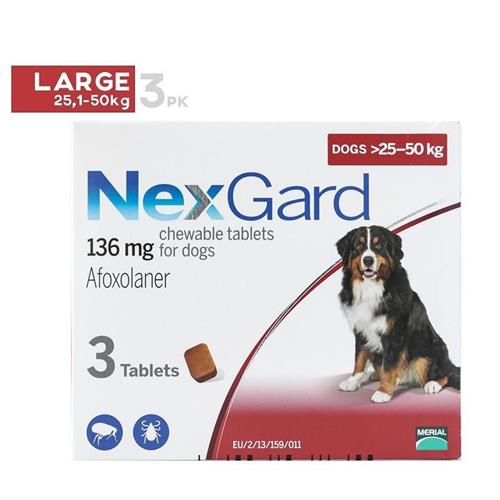 NexGard חבילת 3 כדורים בטעם עוף נגד פרעושים וקרציות לכלבים במשקל 25-50 ק"ג