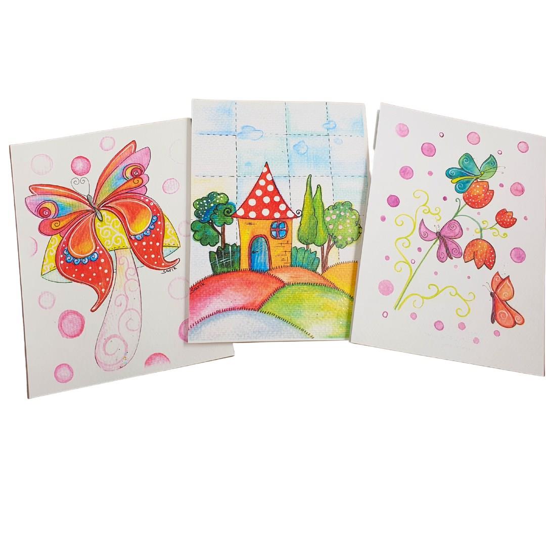 3 כרטיסי ברכה - בית פרפר ופרח