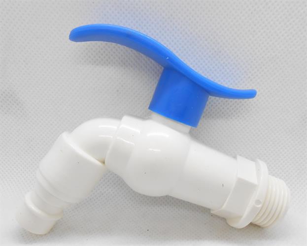 ברז פלסטיק צבע לבן ידית כחולה בצורת גל למיכלי מים או  גן  חצי צול ''2\1