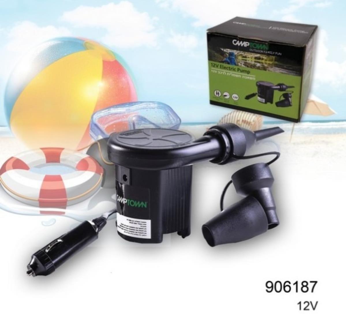 משאבה חשמלית לרכב 12 וולט DC לניפוח ציוד מתנפחים דגם 906187 קמפינג לייף משאבה חשמלית לרכב 12 וולט DC לניפוח ציוד מתנפחים דגם 906187 קמפינג לייף