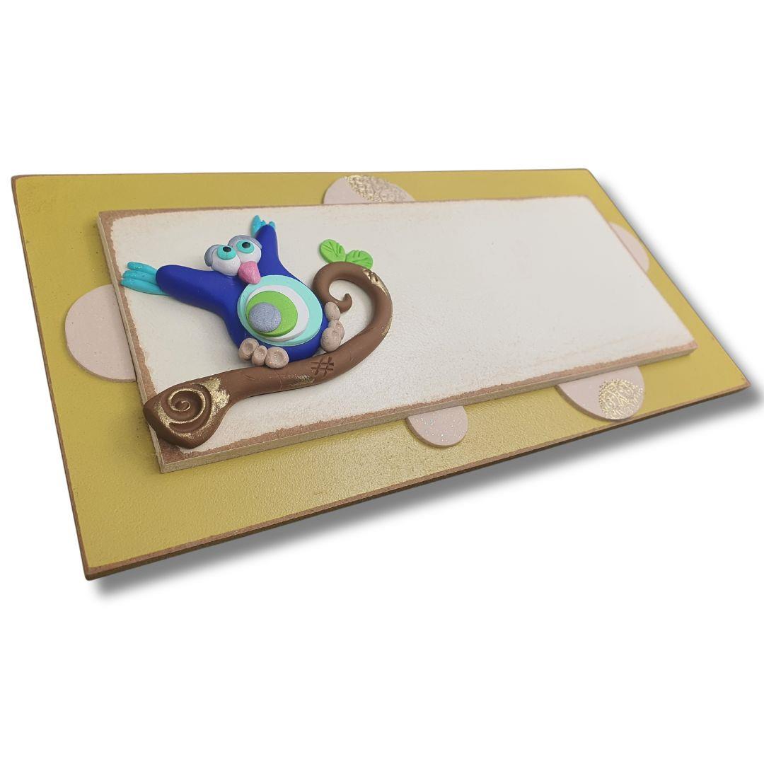 מתנה מקורית לחנוכת בית, שלט ינשוף כחול וחאקי בעבודת יד אומנותית מבית גיתוש.