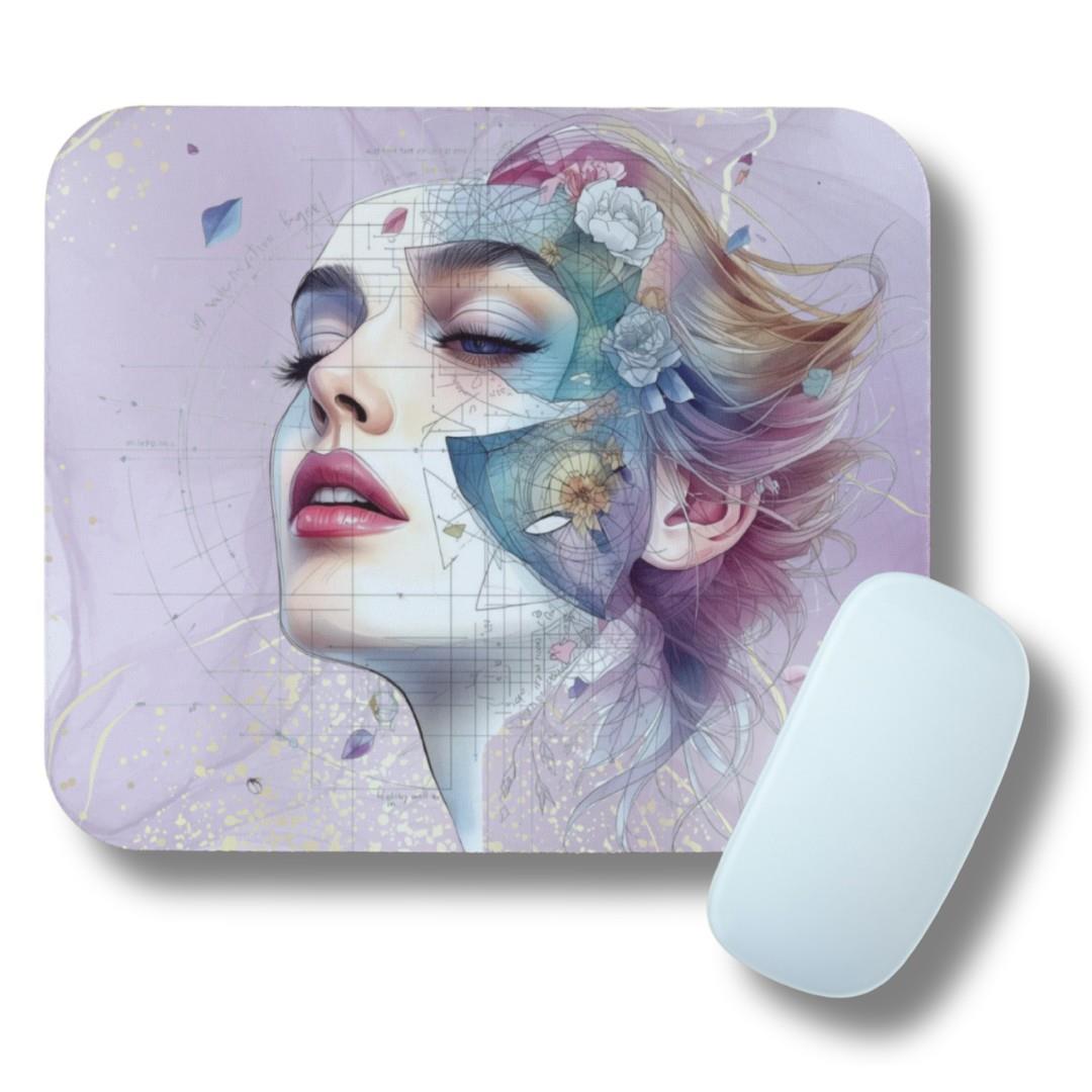 פד לעכבר מעוצב לאישה עם איור נשי יוקרתי בגווני טורקיז וסגול בסגנון סקיצה אמנותית, מקולקציית Blueprint. פד לעכבר מעוצב לאישה עם איור נשי יוקרתי בגווני טורקיז וסגול בסגנון סקיצה אמנותית, מקולקציית Blueprint.