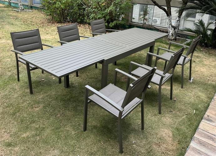 שולחן לגינה ולמרפסת נפתח אלומיניום טופ אלומיניום 200-320 + 6 כסאות צבע שמפניה