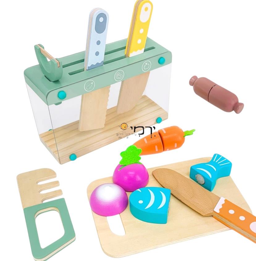 סט סכינים + מתלה ואביזרים מעץ