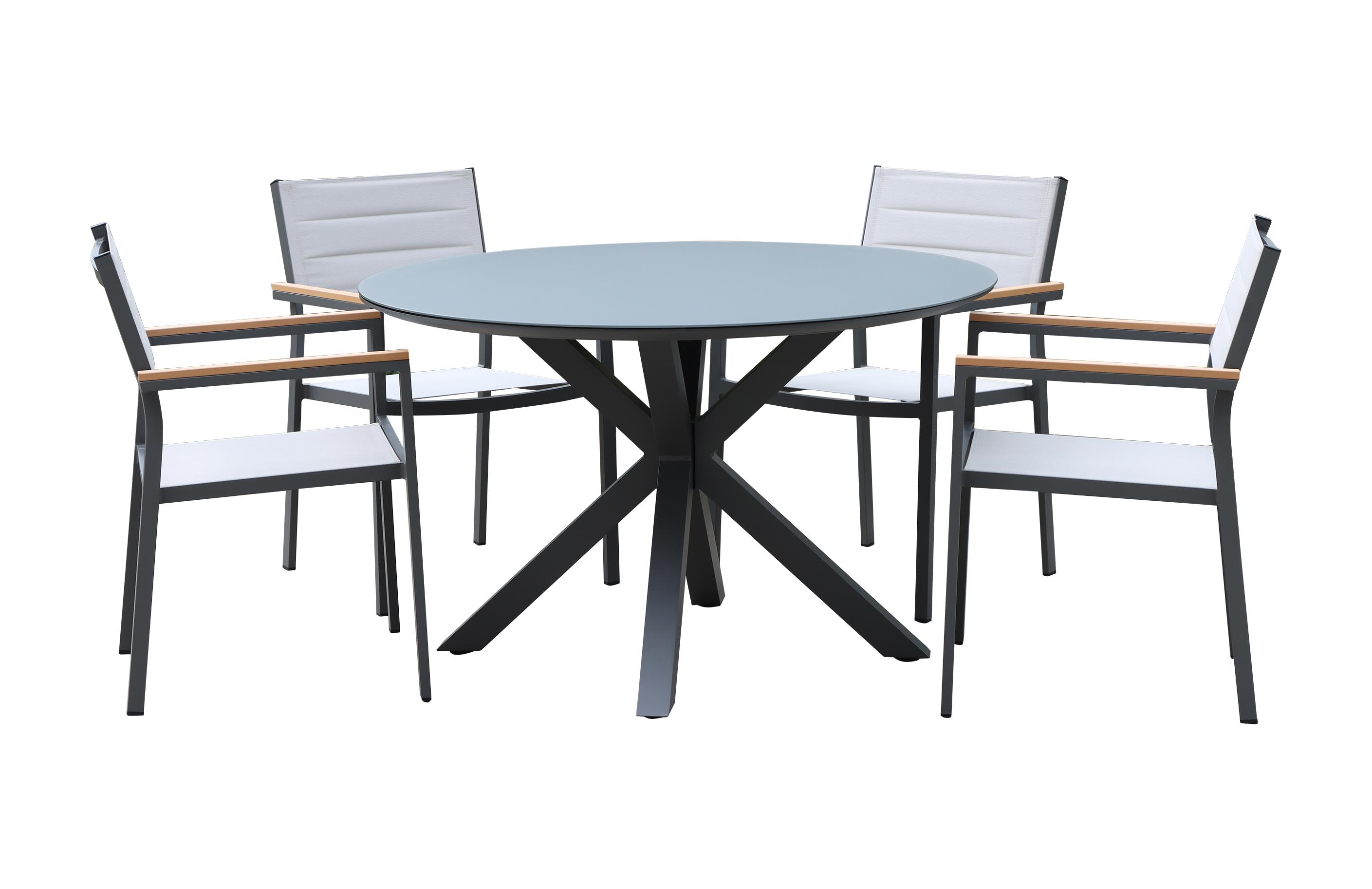 שולחן עגול קוטר 120 אלומיניום לגינה ולמרפסת + 4 כסאות דגם פרובנס צבע אפור